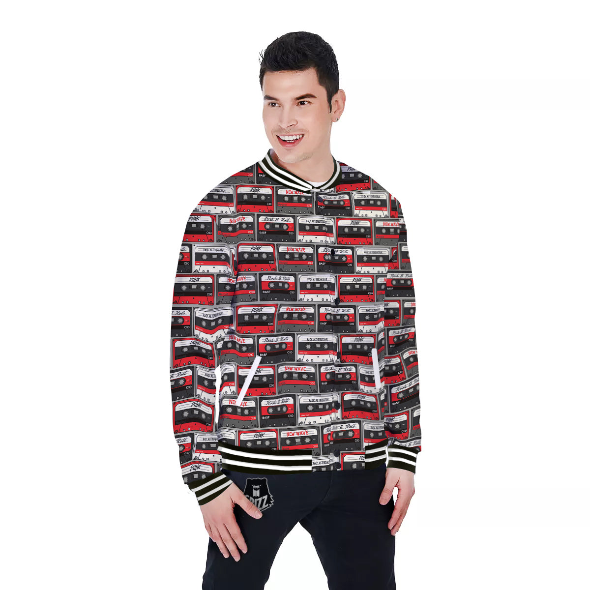 Cassette Red Punk Print Pattern Baseball Jacket-grizzshop