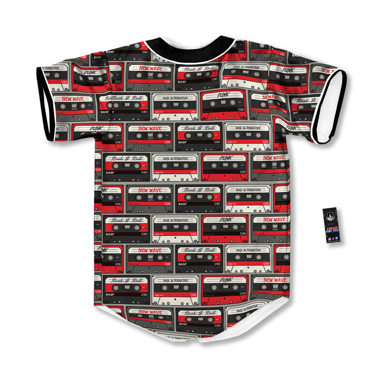 Cassette Red Punk Print Pattern Baseball Jersey-grizzshop