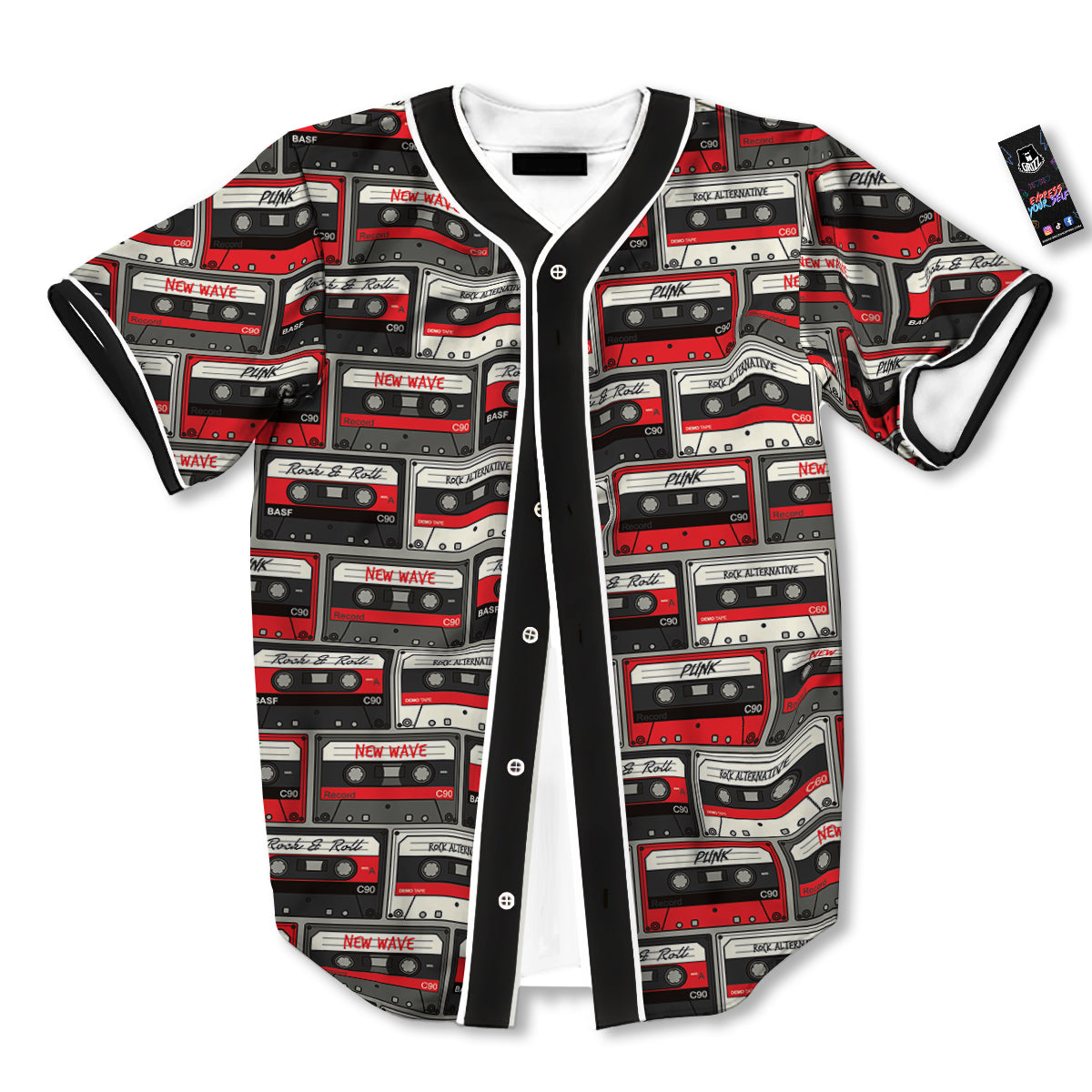 Cassette Red Punk Print Pattern Baseball Jersey-grizzshop