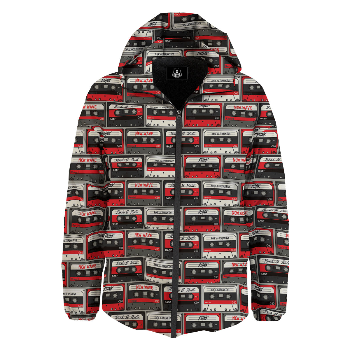 Cassette Red Punk Print Pattern Down Jacket-grizzshop