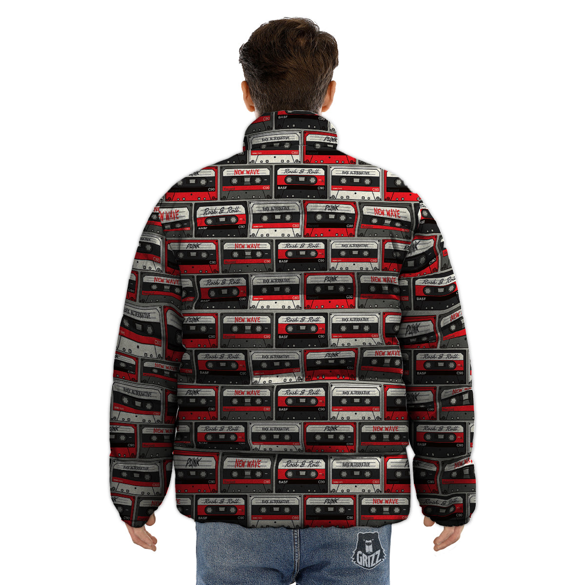 Cassette Red Punk Print Pattern Puffer Jacket-grizzshop