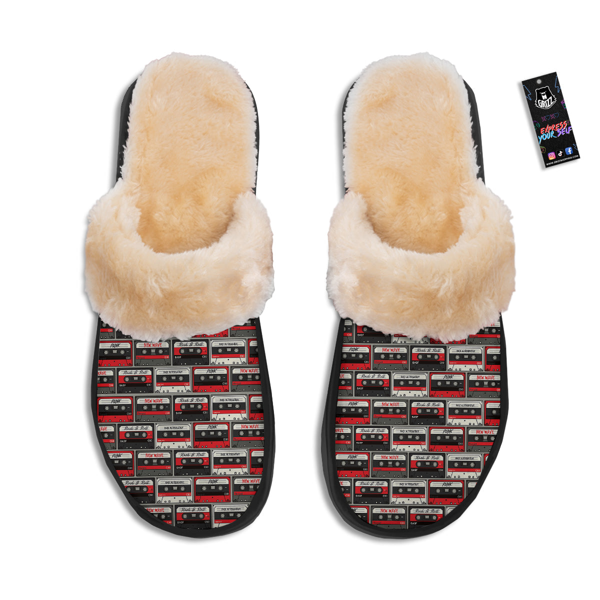Cassette Red Punk Print Pattern Slippers-grizzshop