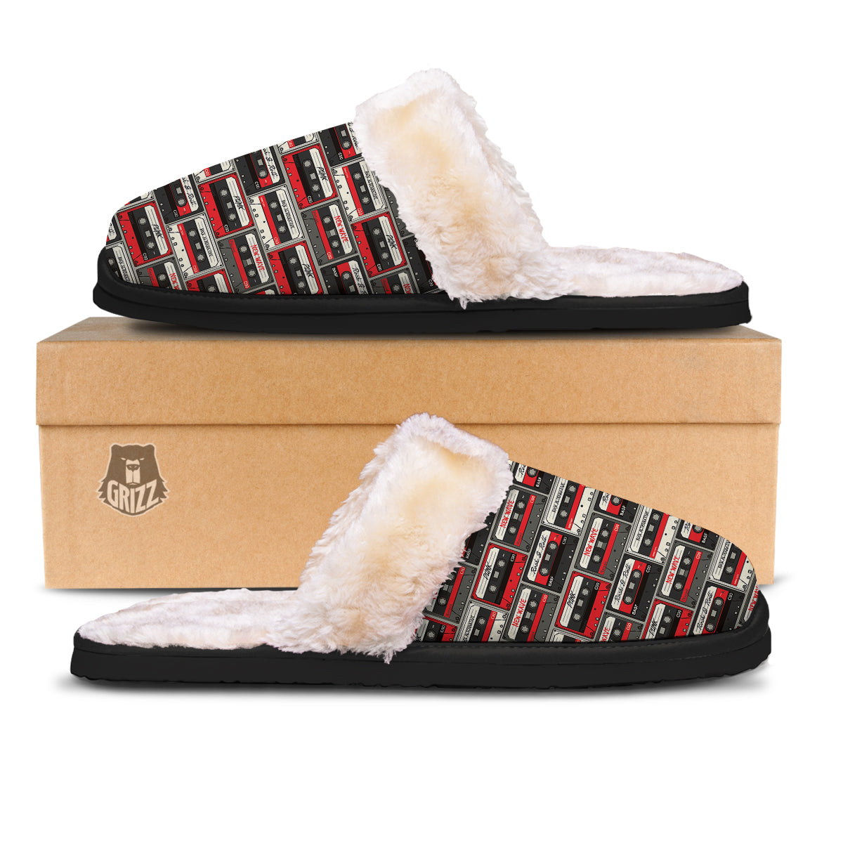 Cassette Red Punk Print Pattern Slippers-grizzshop