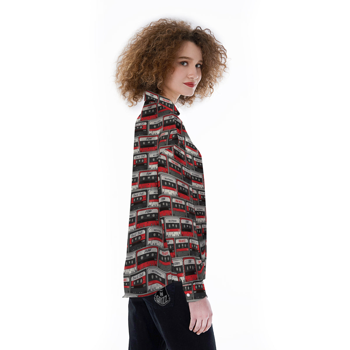 Cassette Red Punk Print Pattern Women's Long Sleeve Shirts-grizzshop