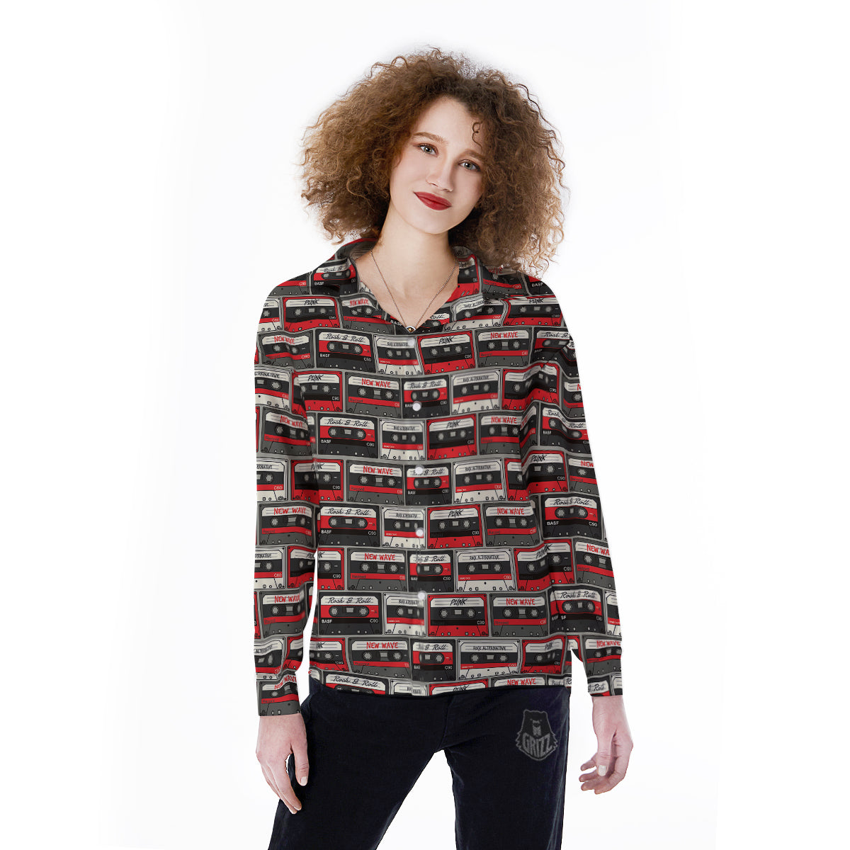 Cassette Red Punk Print Pattern Women's Long Sleeve Shirts-grizzshop
