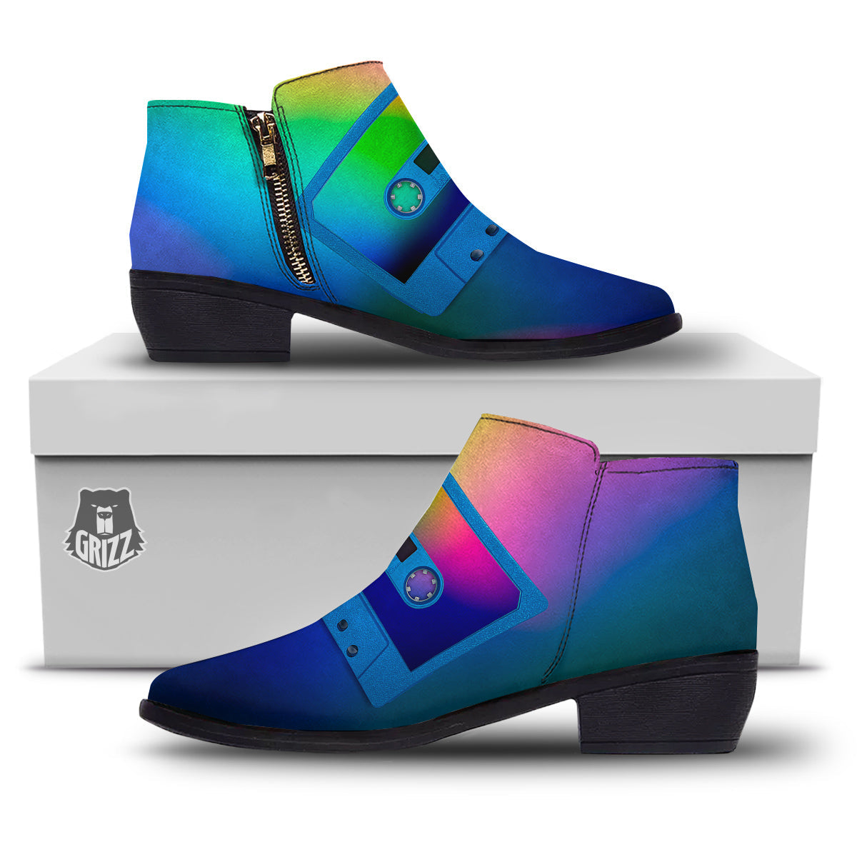 Cassette Tape Colorful Print Ankle Boots-grizzshop