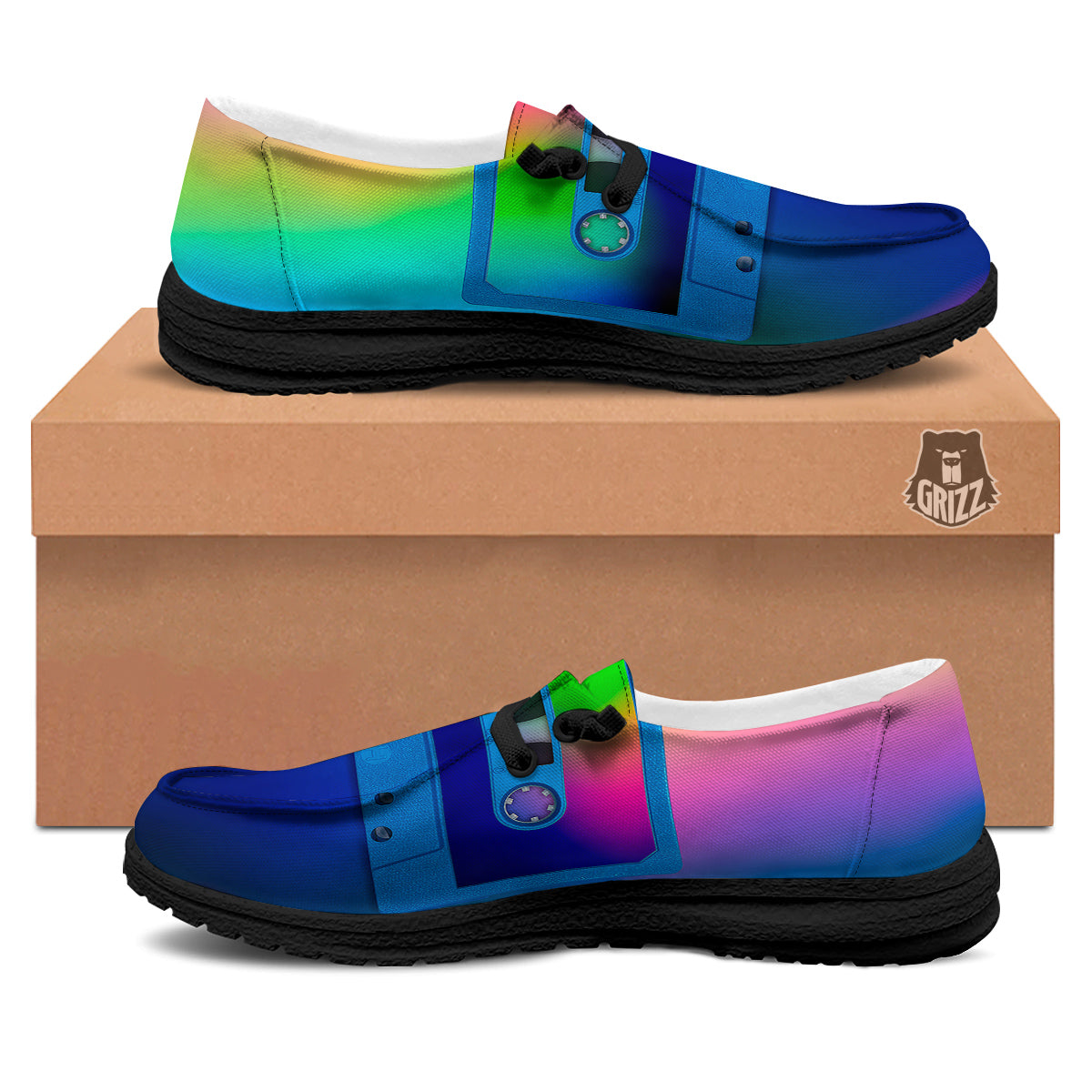 Cassette Tape Colorful Print Black Loafers-grizzshop