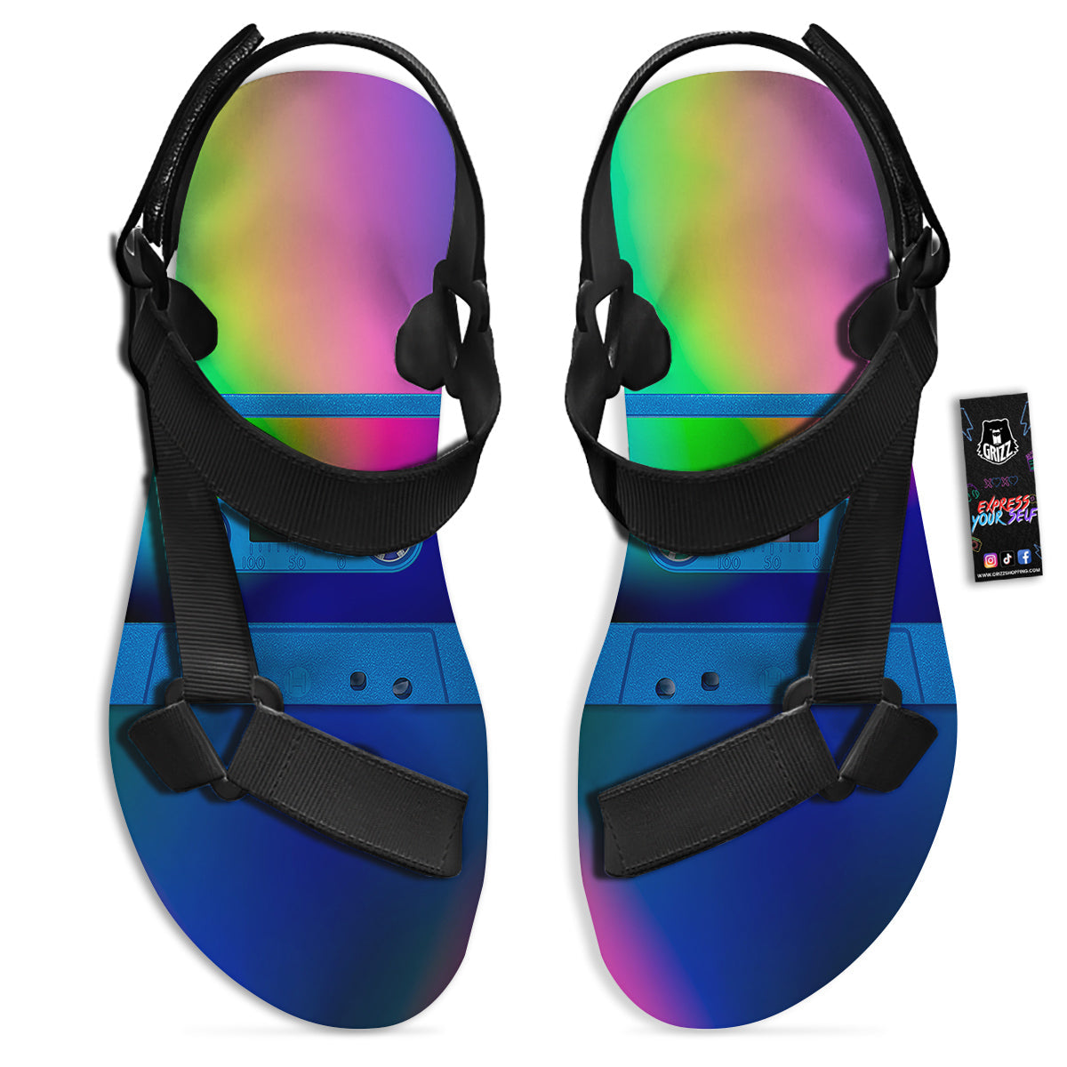 Cassette Tape Colorful Print Black Open Toe Sandals-grizzshop