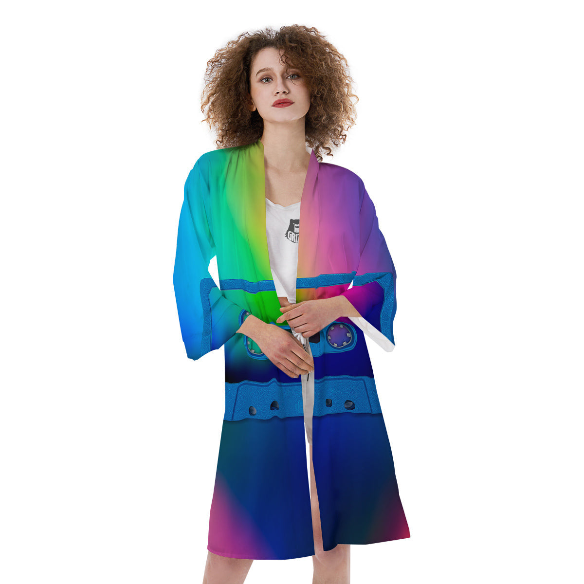 Cassette Tape Colorful Print Kimono-grizzshop