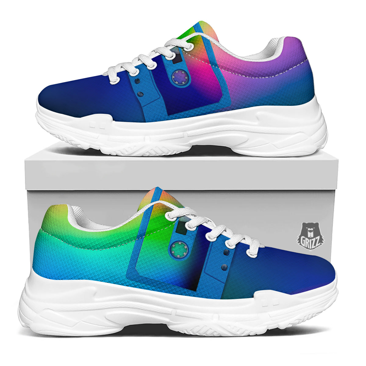 Cassette Tape Colorful Print White Chunky Shoes-grizzshop