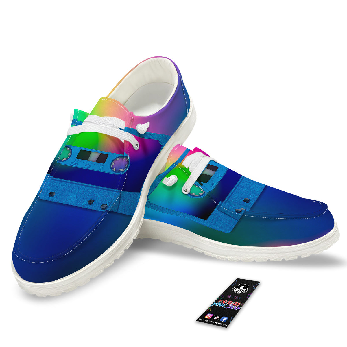 Cassette Tape Colorful Print White Loafers-grizzshop