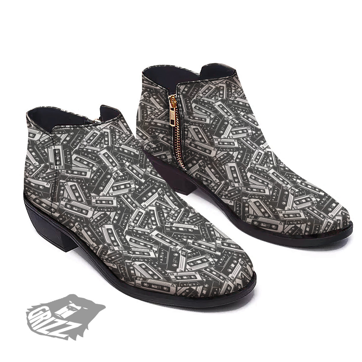 Cassette Tape Monochrome Print Pattern Ankle Boots-grizzshop