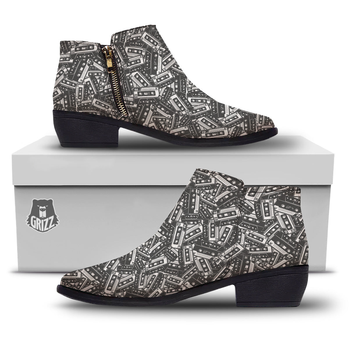 Cassette Tape Monochrome Print Pattern Ankle Boots-grizzshop