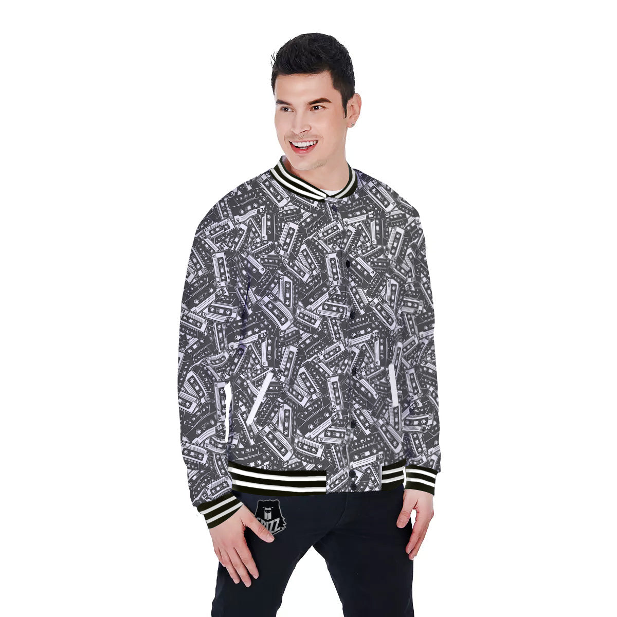 Cassette Tape Monochrome Print Pattern Baseball Jacket-grizzshop