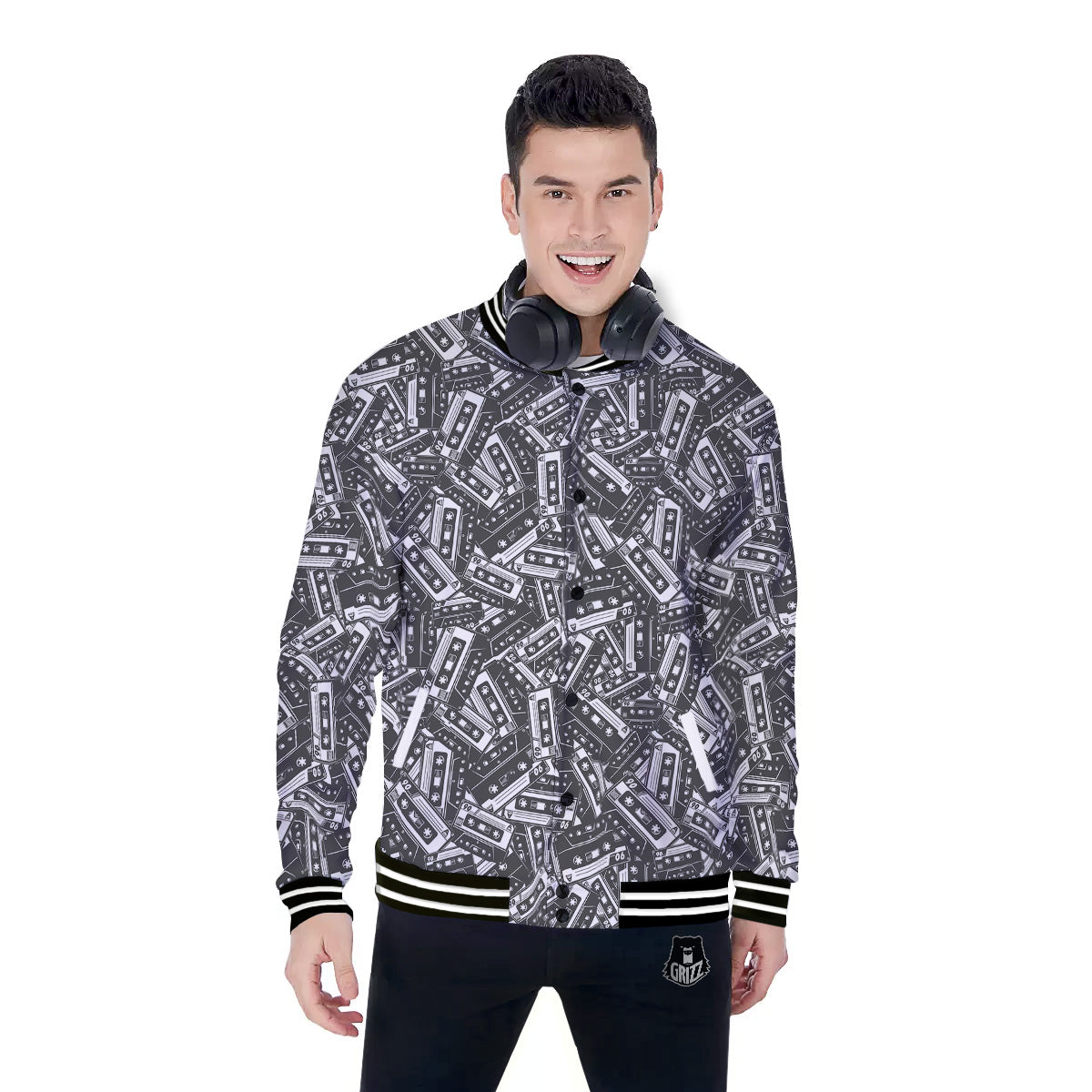 Cassette Tape Monochrome Print Pattern Baseball Jacket-grizzshop