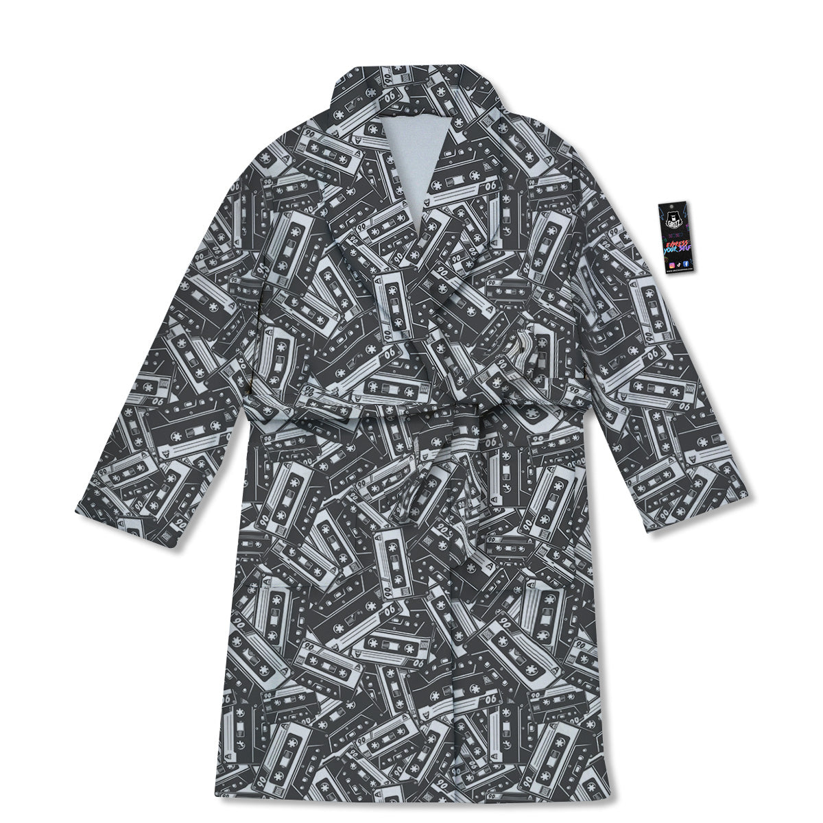 Cassette Tape Monochrome Print Pattern Bathrobe-grizzshop