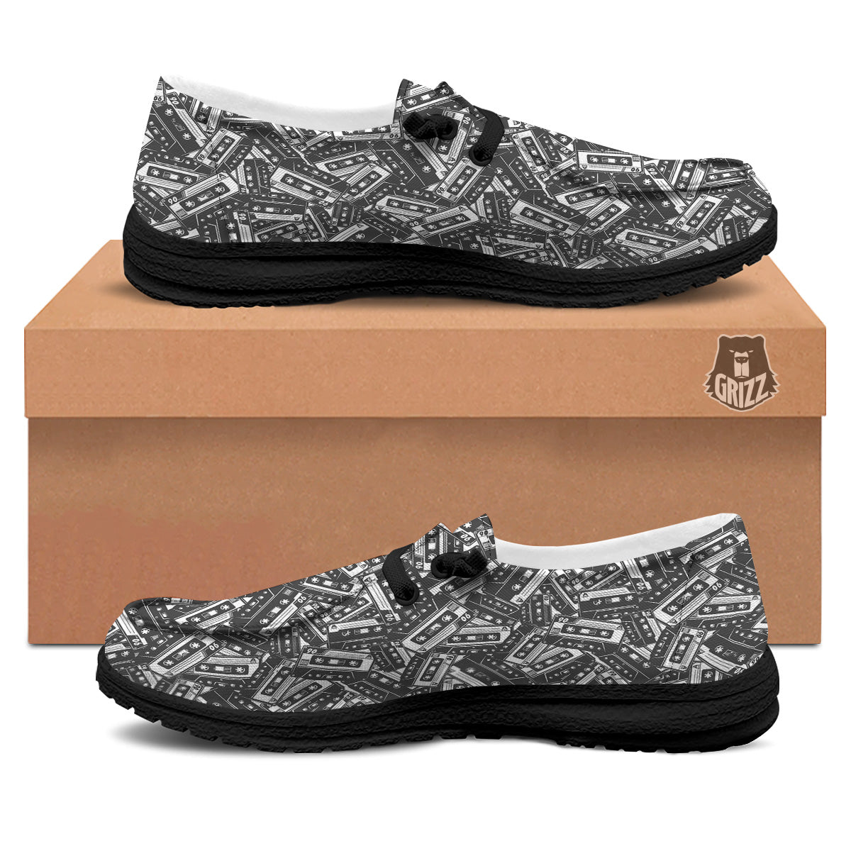 Cassette Tape Monochrome Print Pattern Black Loafers-grizzshop