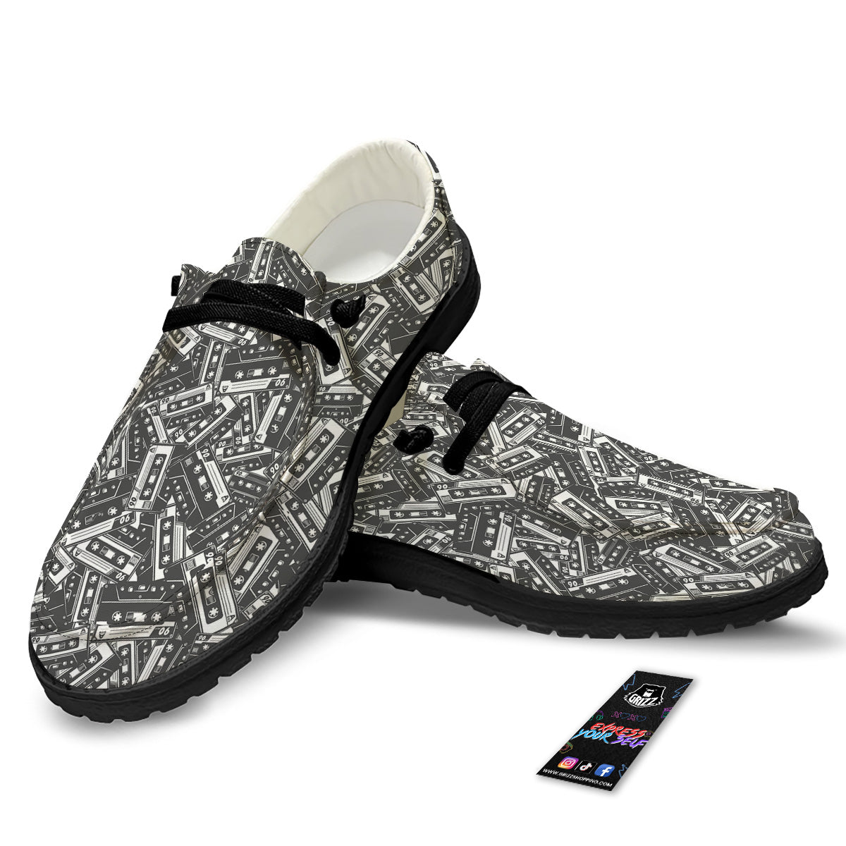 Cassette Tape Monochrome Print Pattern Black Loafers-grizzshop