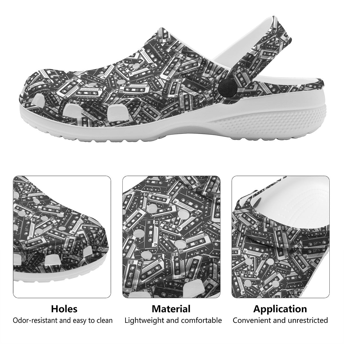 Cassette Tape Monochrome Print Pattern Clog-grizzshop