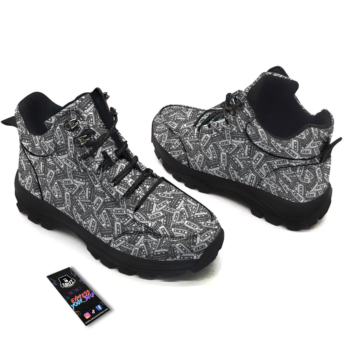 Cassette Tape Monochrome Print Pattern Hiking Shoes-grizzshop
