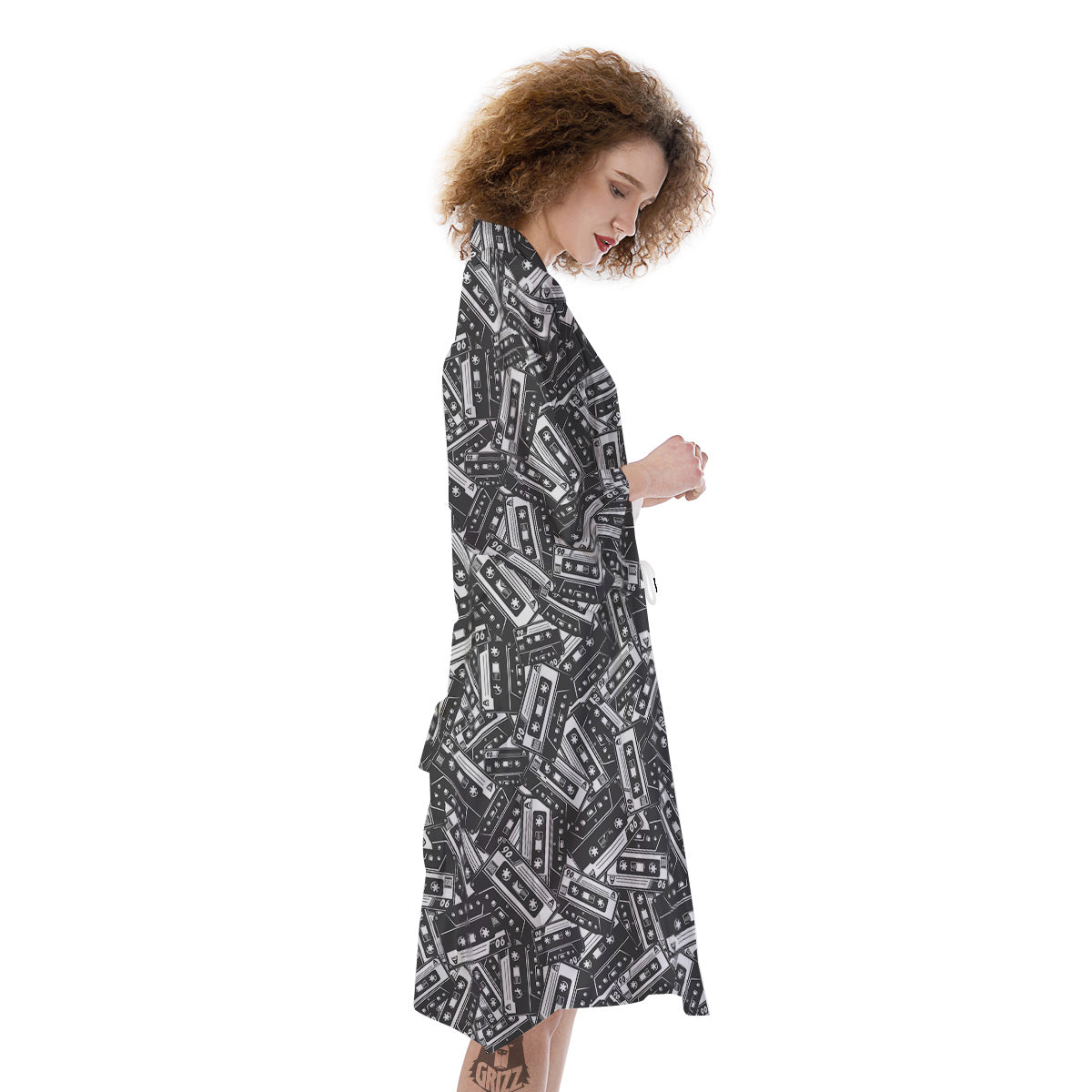 Cassette Tape Monochrome Print Pattern Kimono-grizzshop