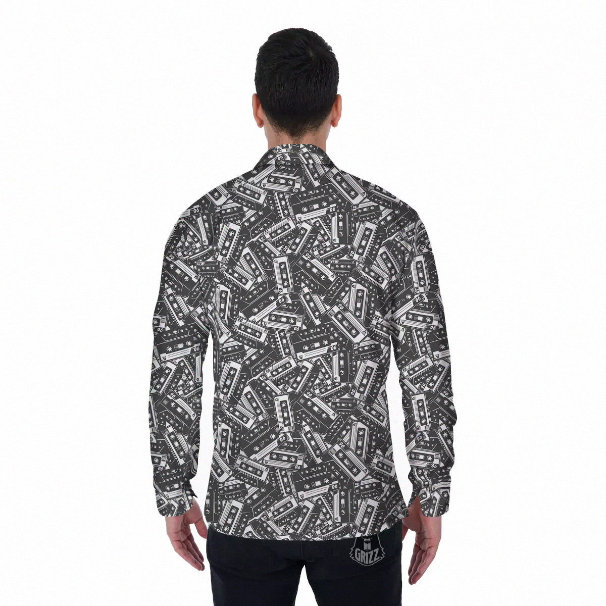 Cassette Tape Monochrome Print Pattern Men's Long Sleeve Shirts-grizzshop