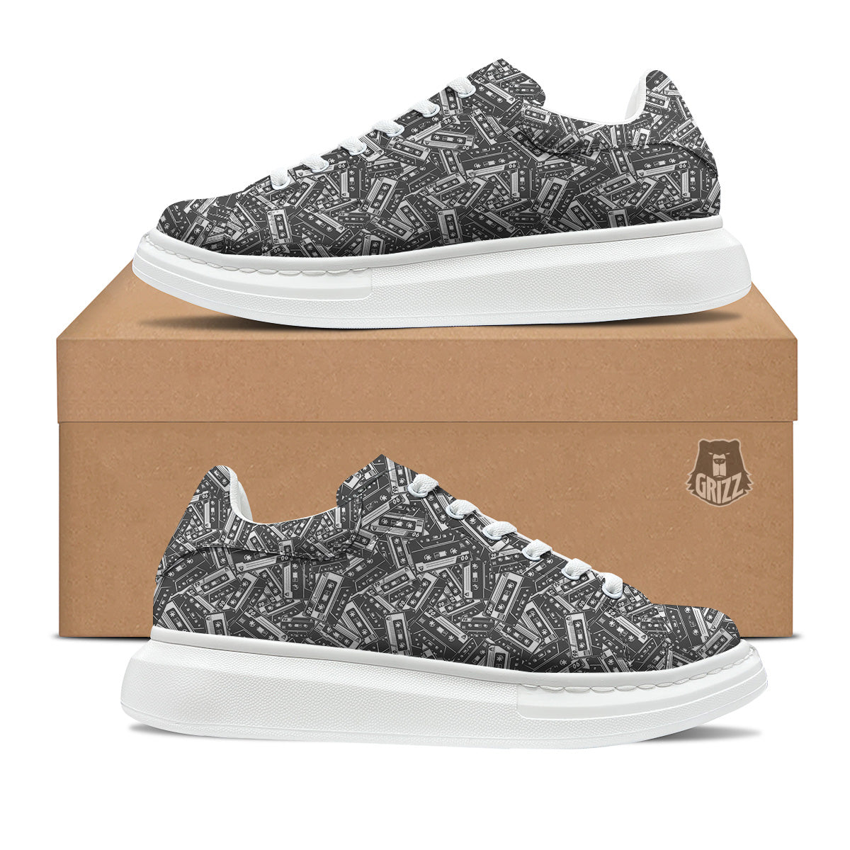 Cassette Tape Monochrome Print Pattern Platform Shoes-grizzshop