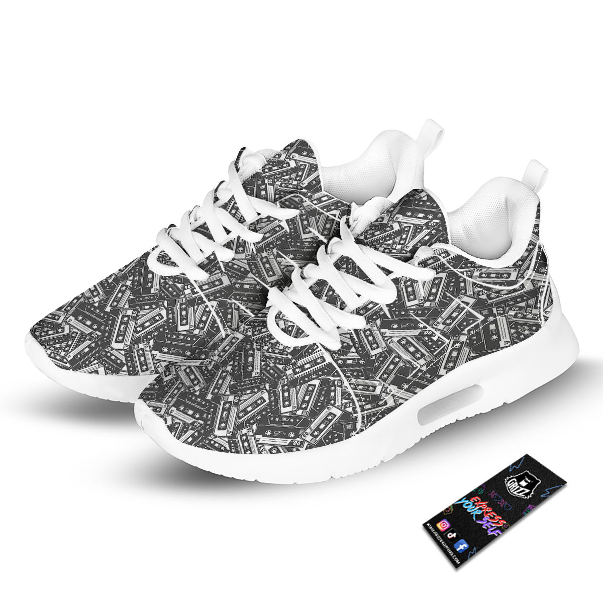 Cassette Tape Monochrome Print Pattern Tennis Shoes-grizzshop