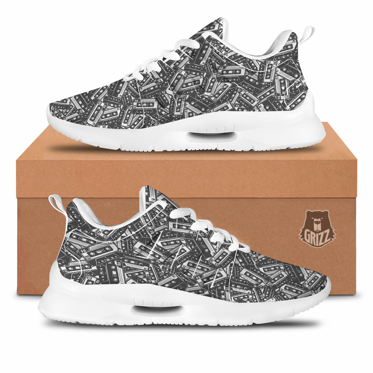 Cassette Tape Monochrome Print Pattern Tennis Shoes-grizzshop