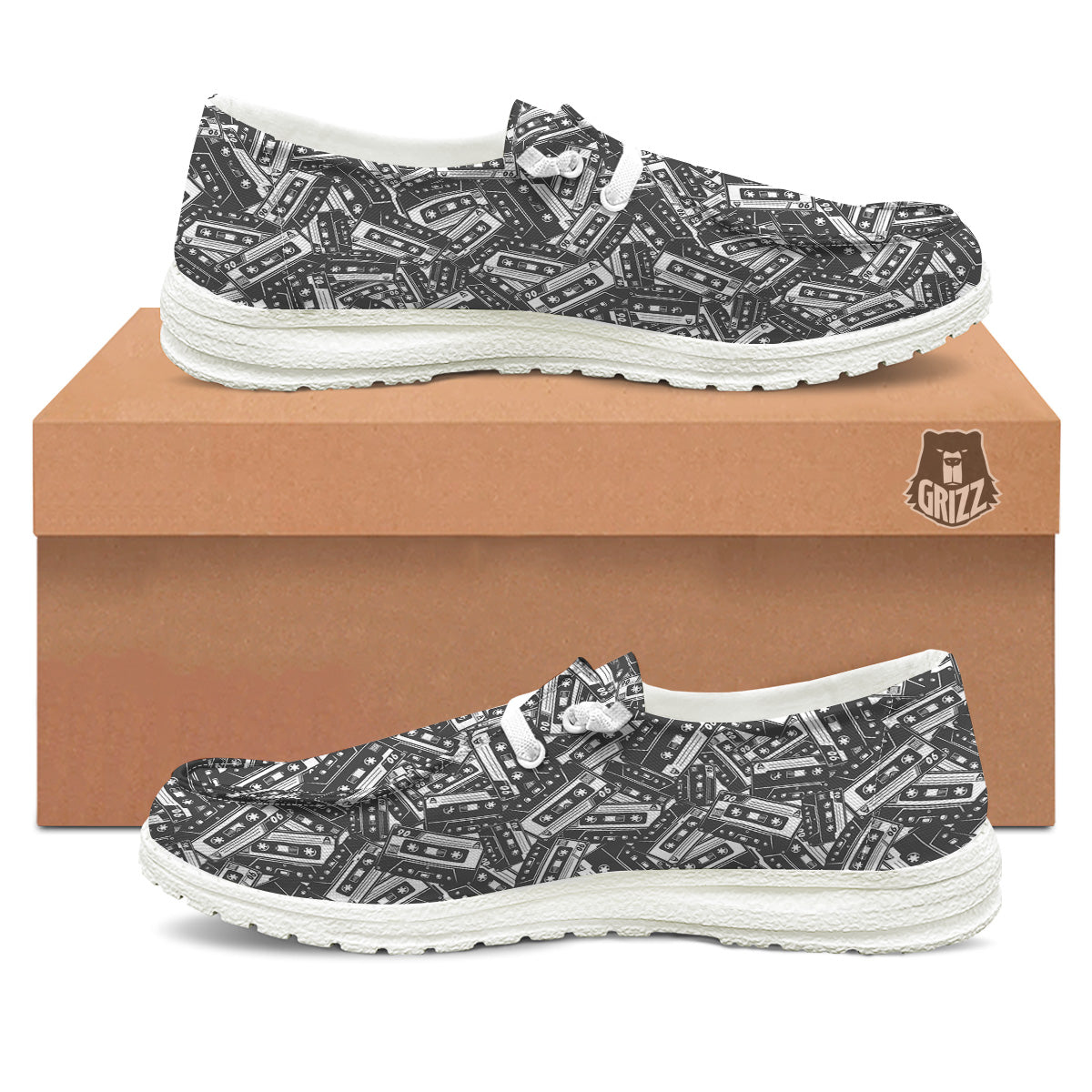 Cassette Tape Monochrome Print Pattern White Loafers-grizzshop