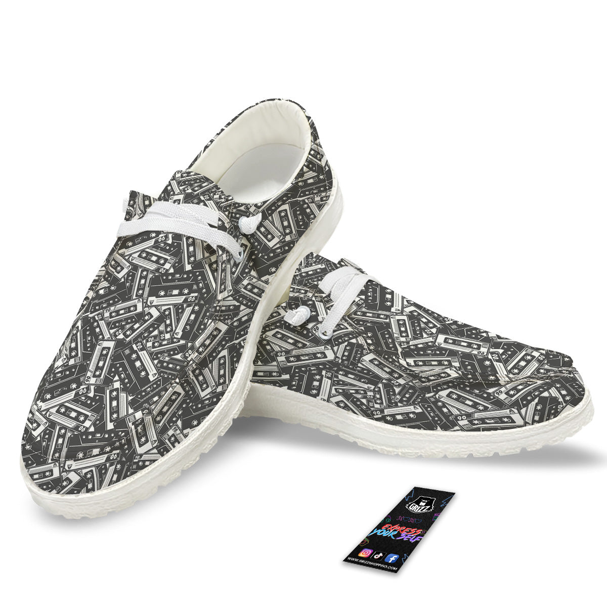 Cassette Tape Monochrome Print Pattern White Loafers-grizzshop
