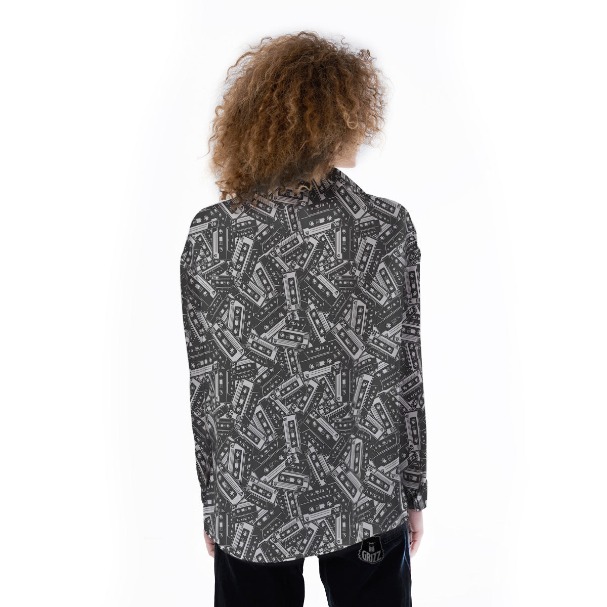 Cassette Tape Monochrome Print Pattern Women's Long Sleeve Shirts-grizzshop