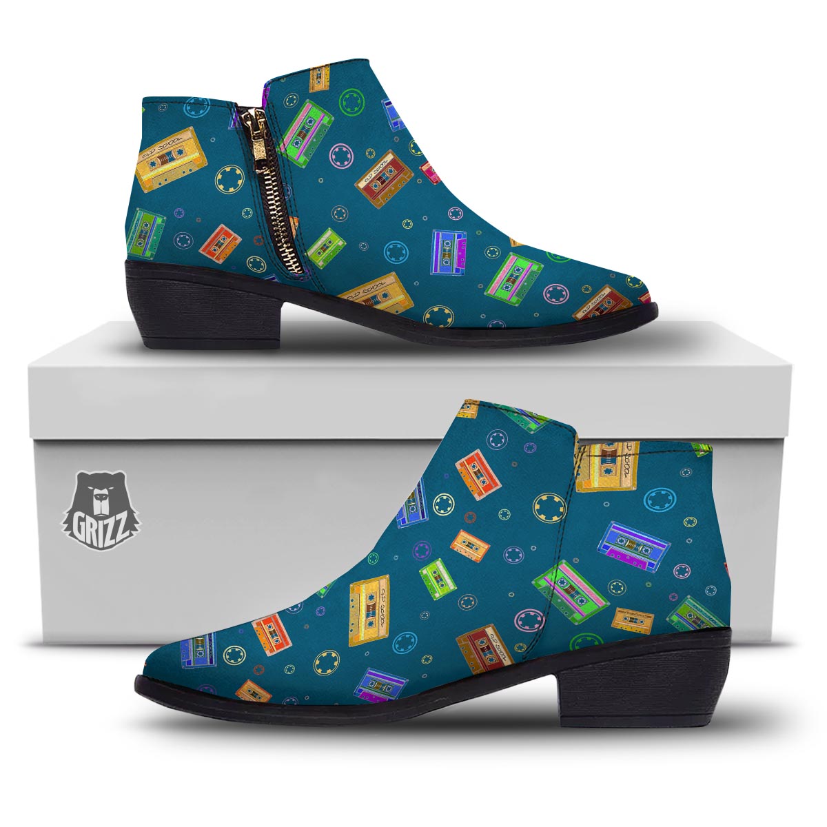 Cassette Tape Retro Print Pattern Ankle Boots-grizzshop