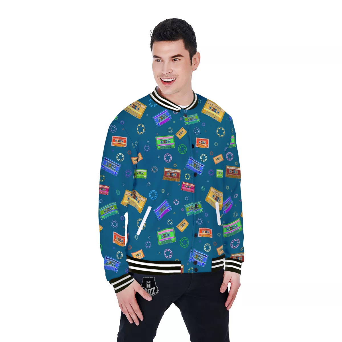 Cassette Tape Retro Print Pattern Baseball Jacket-grizzshop