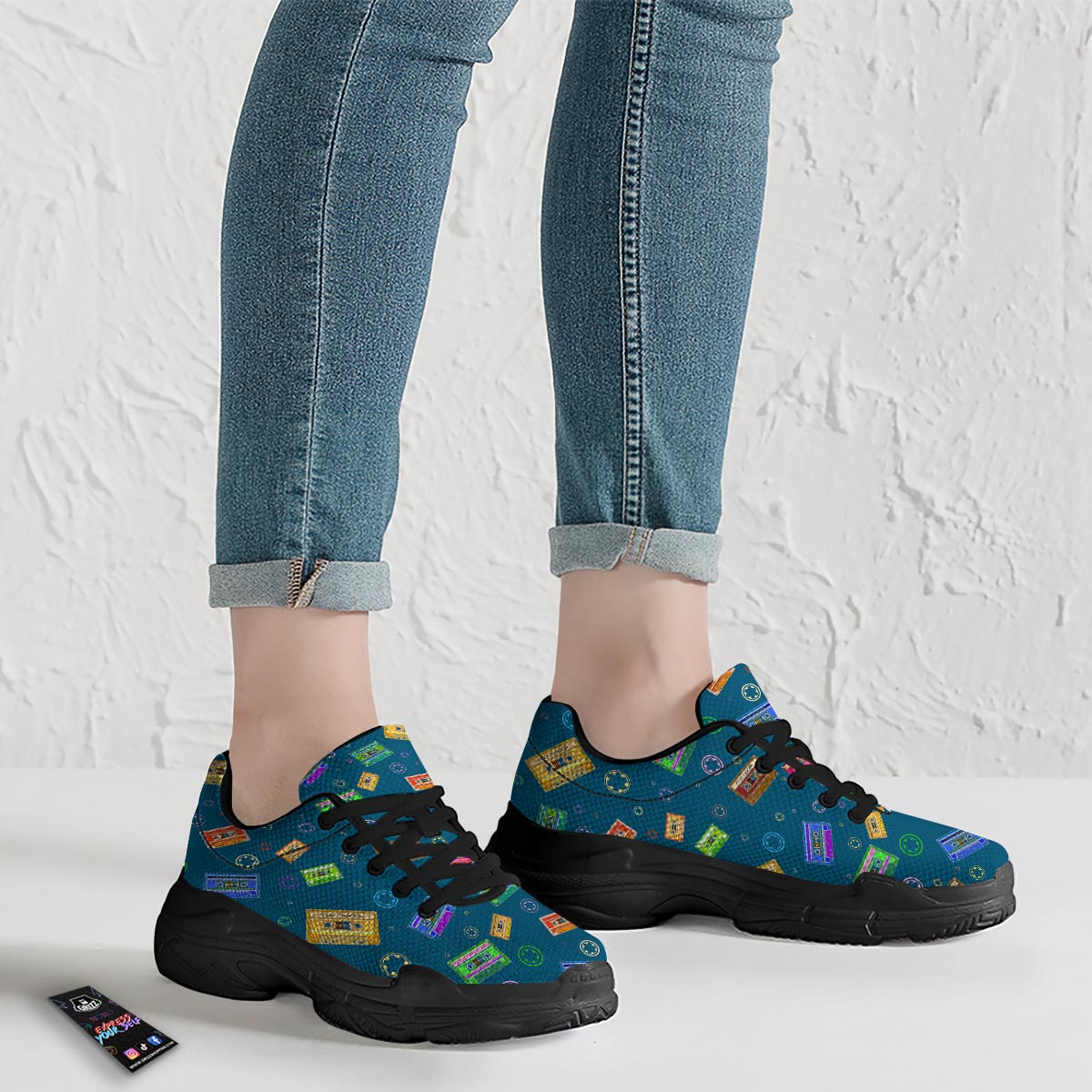 Cassette Tape Retro Print Pattern Black Chunky Shoes-grizzshop