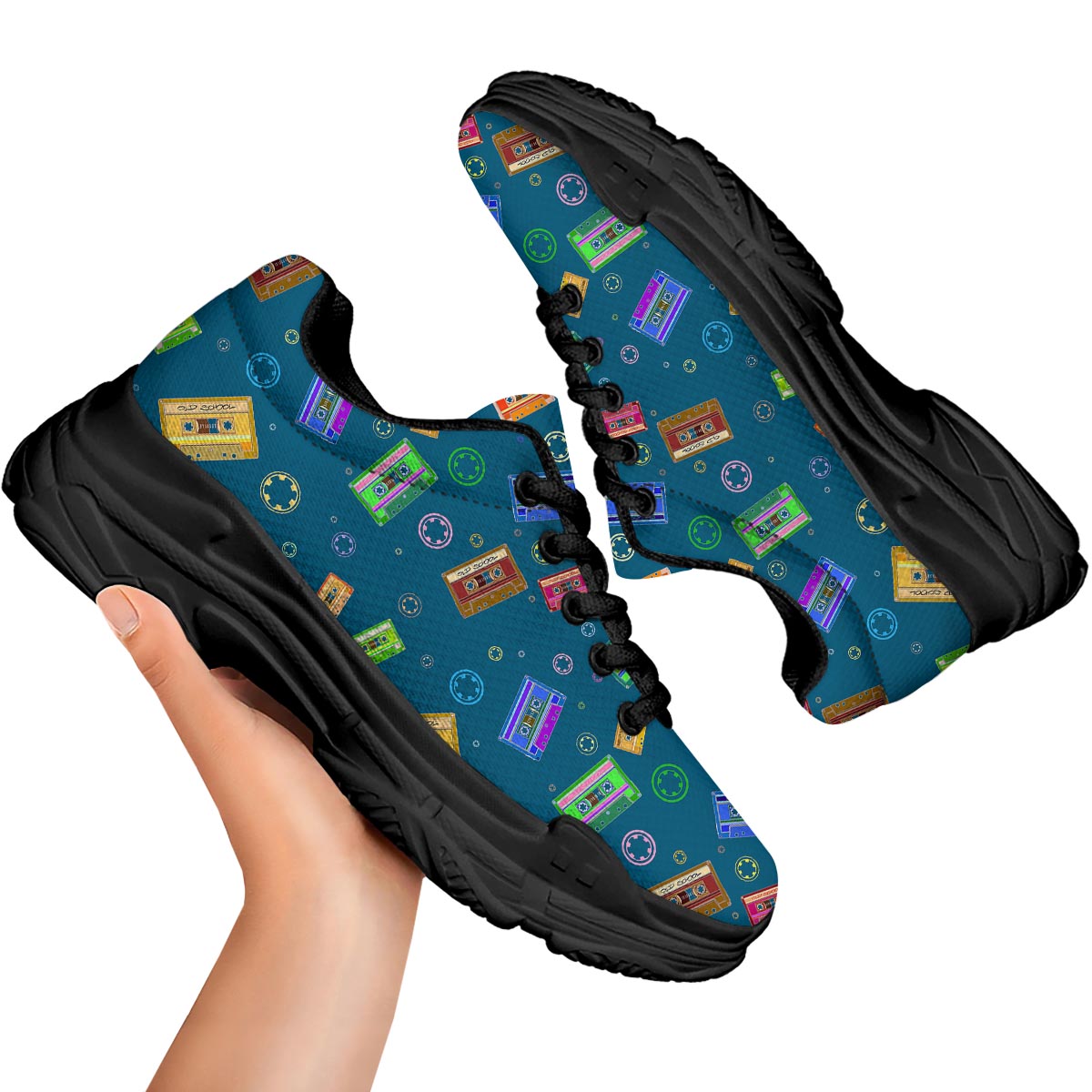 Cassette Tape Retro Print Pattern Black Chunky Shoes-grizzshop