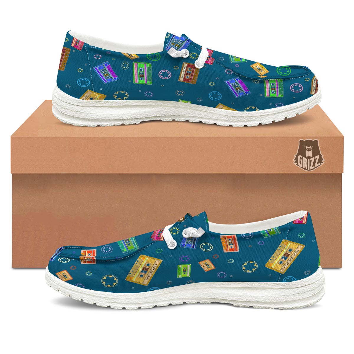Cassette Tape Retro Print Pattern Black Loafers-grizzshop