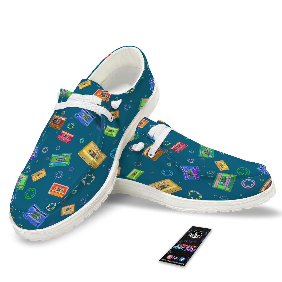 Cassette Tape Retro Print Pattern Black Loafers-grizzshop