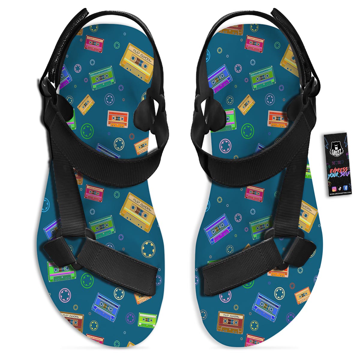 Cassette Tape Retro Print Pattern Black Open Toe Sandals-grizzshop