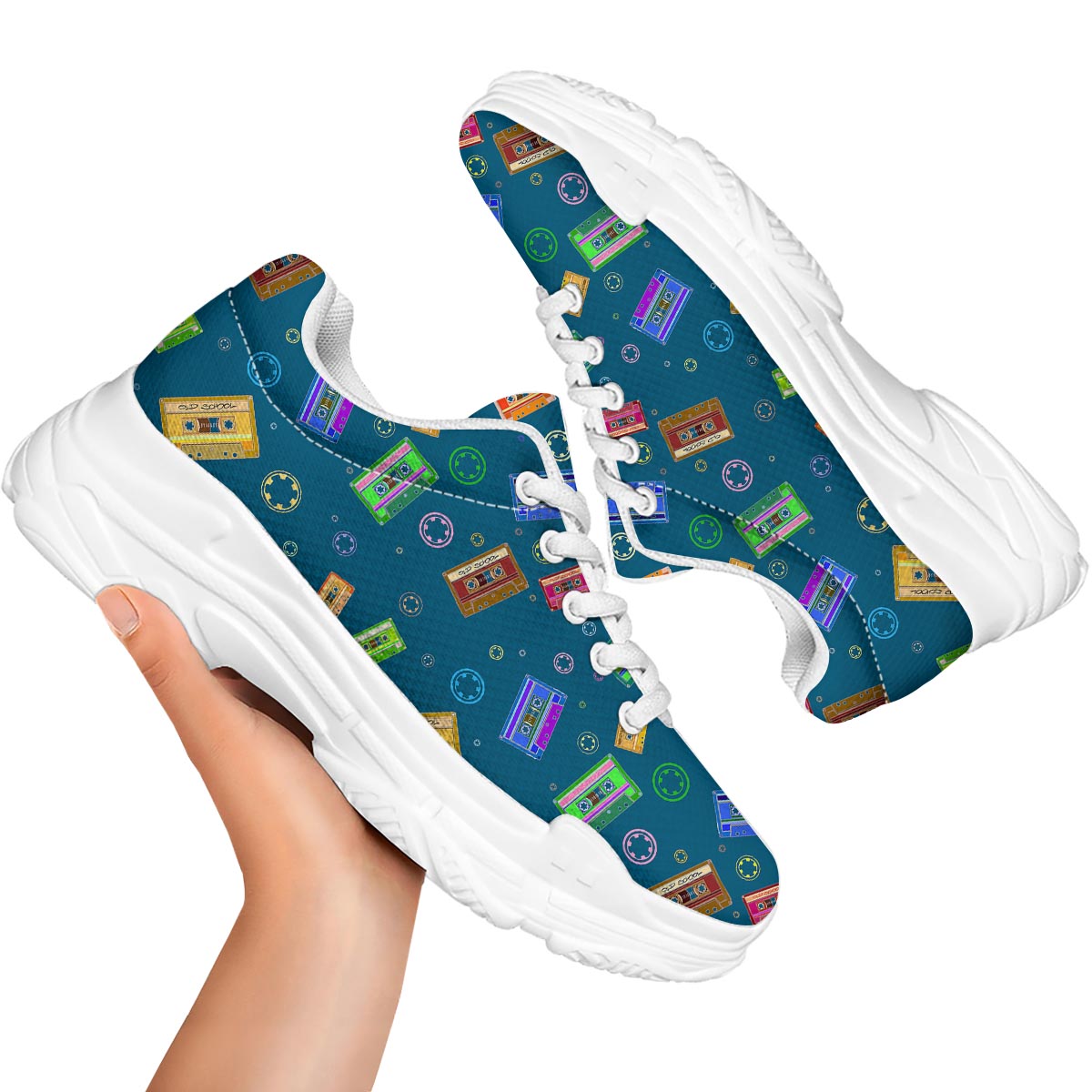 Cassette Tape Retro Print Pattern White Chunky Shoes-grizzshop