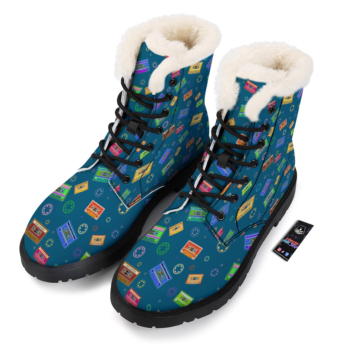 Cassette Tape Retro Print Pattern Winter Boots-grizzshop