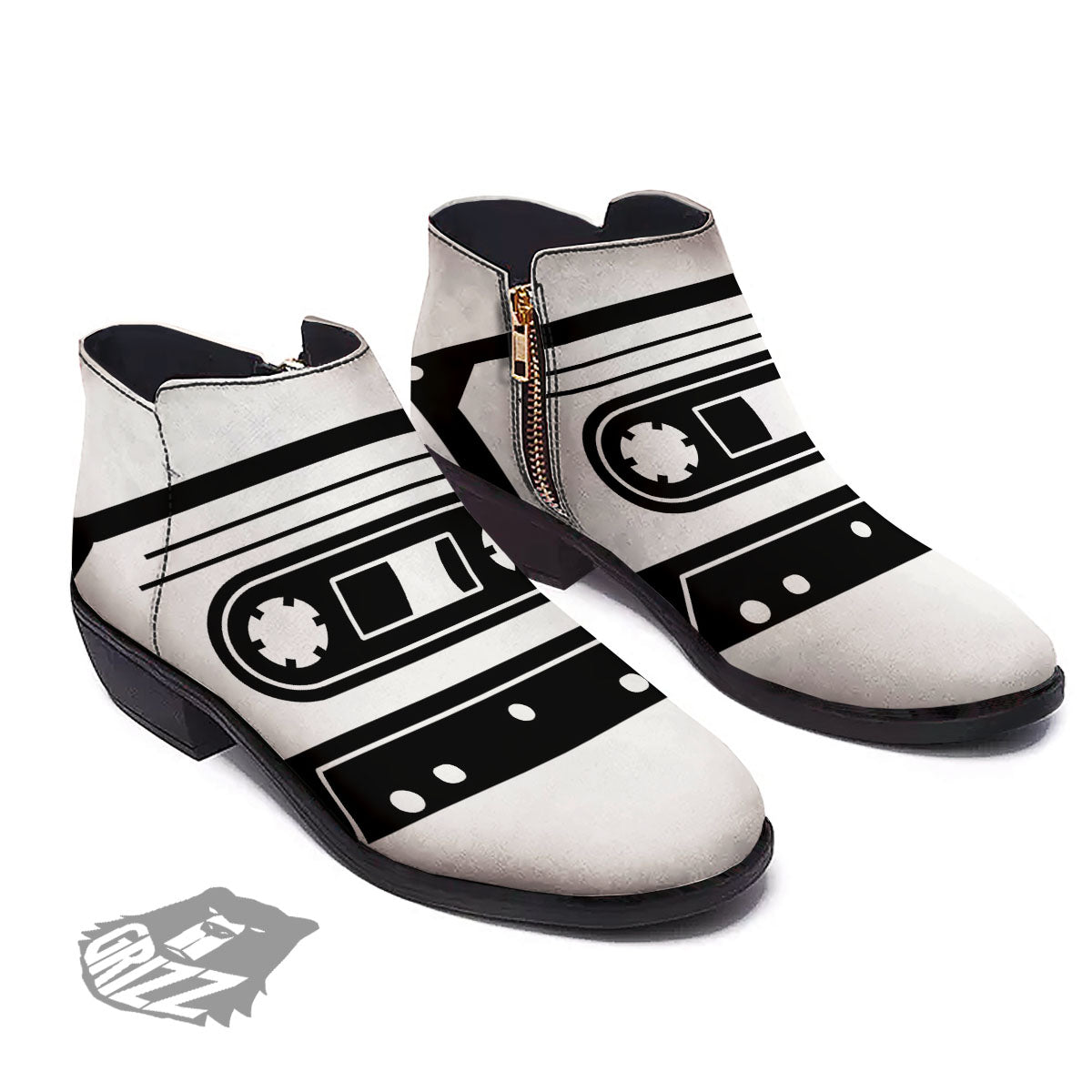 Cassette Tape White And Black Print Ankle Boots-grizzshop