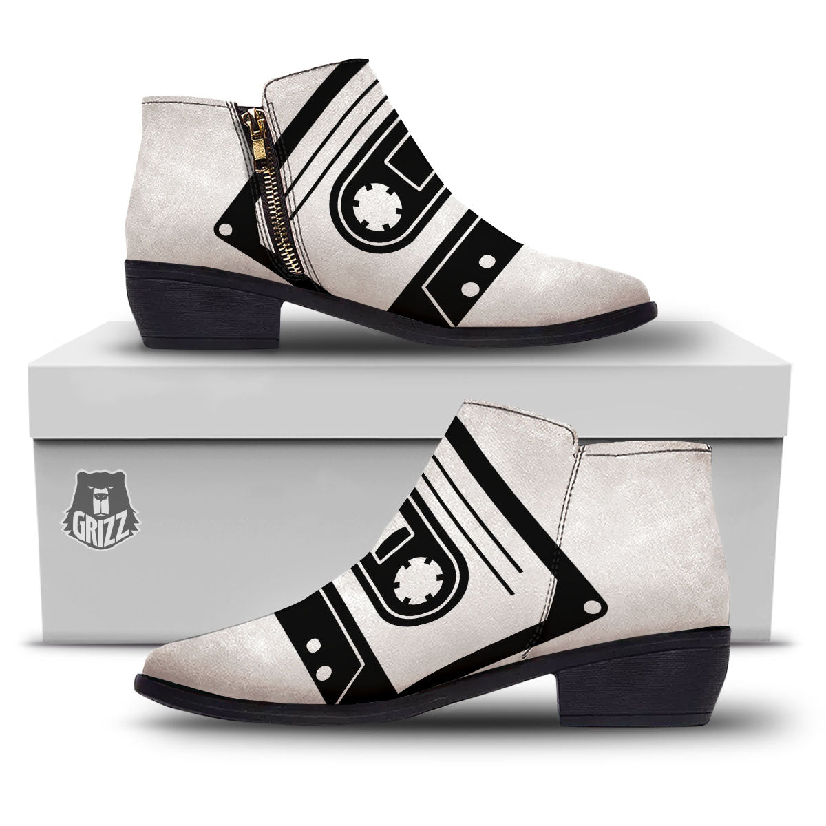 Cassette Tape White And Black Print Ankle Boots-grizzshop