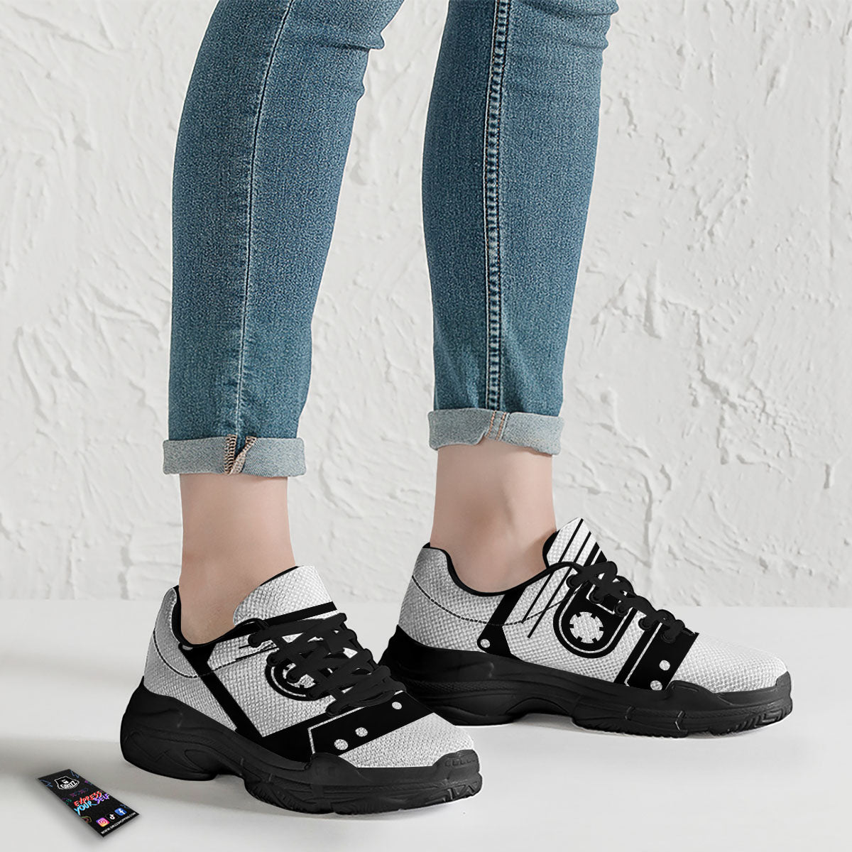 Cassette Tape White And Black Print Black Chunky Shoes-grizzshop