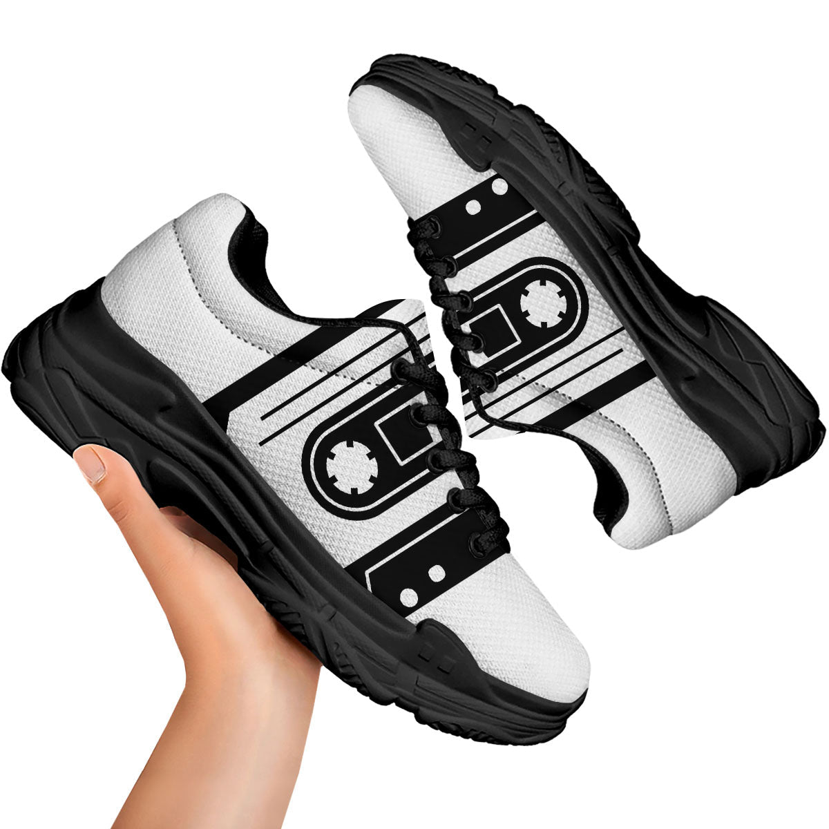 Cassette Tape White And Black Print Black Chunky Shoes-grizzshop