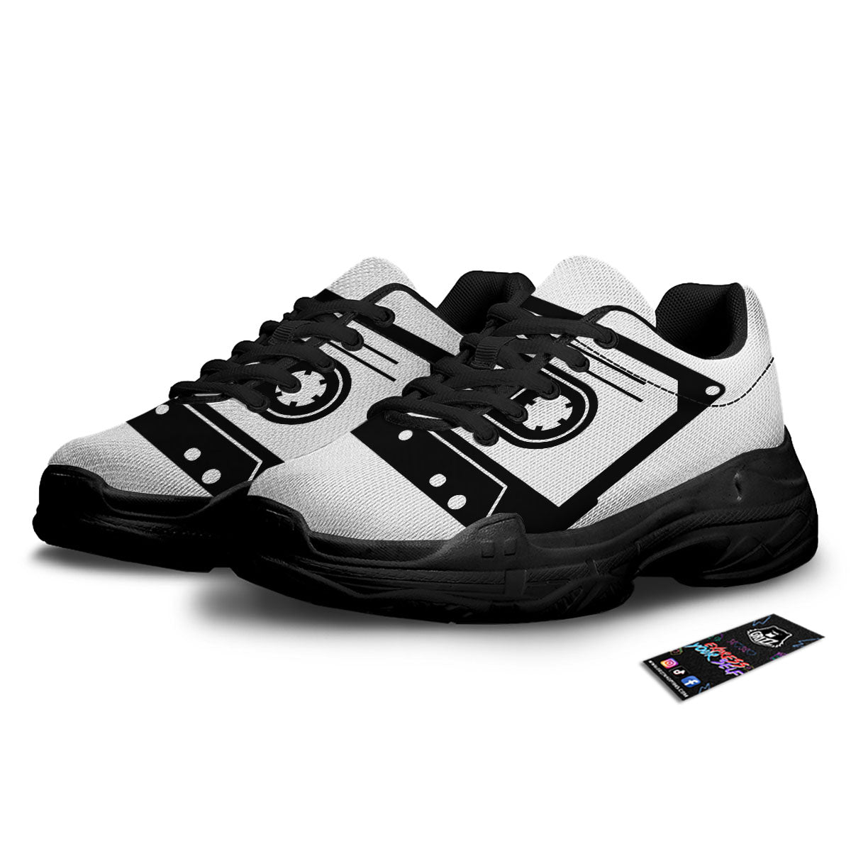 Cassette Tape White And Black Print Black Chunky Shoes-grizzshop