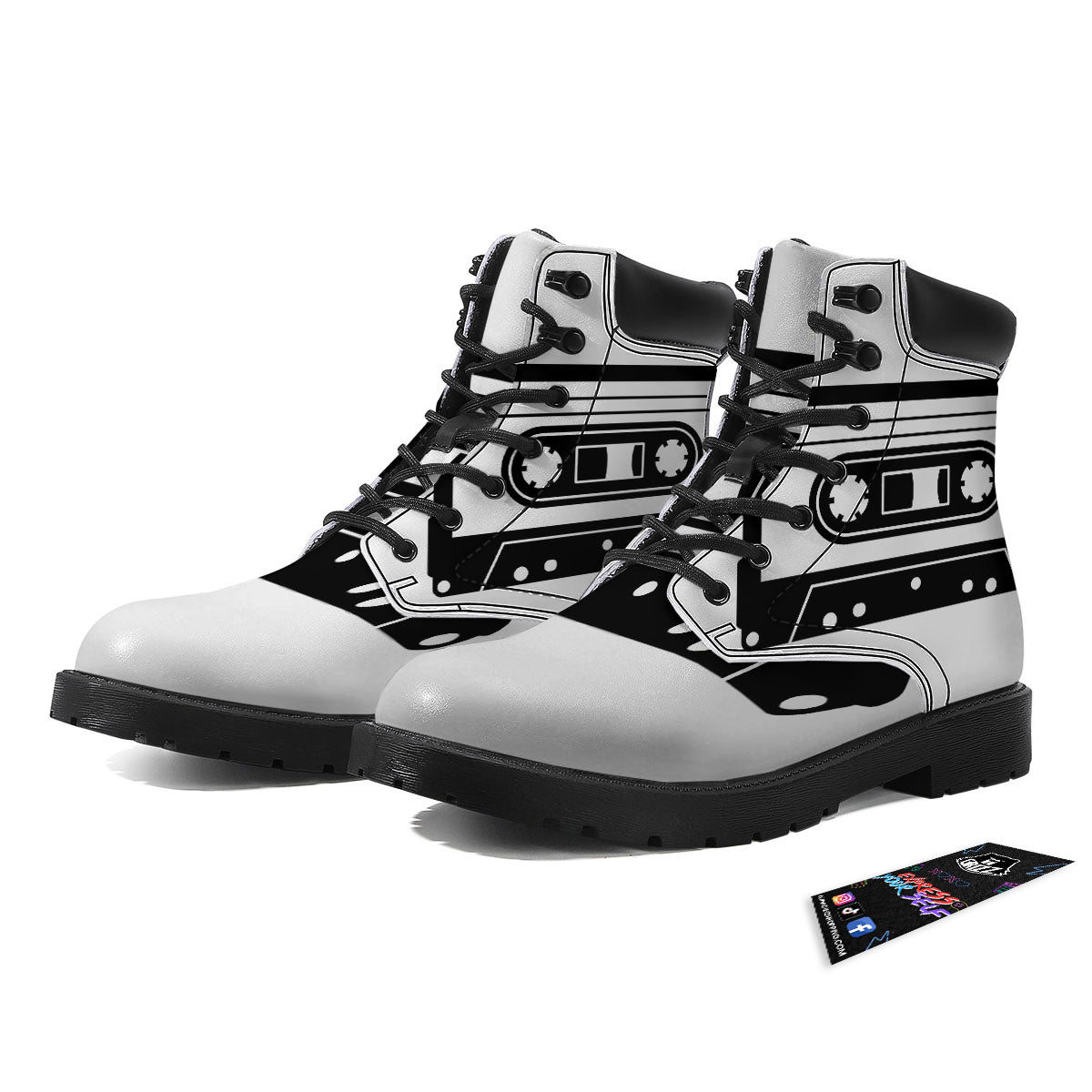 Cassette Tape White And Black Print Boots-grizzshop