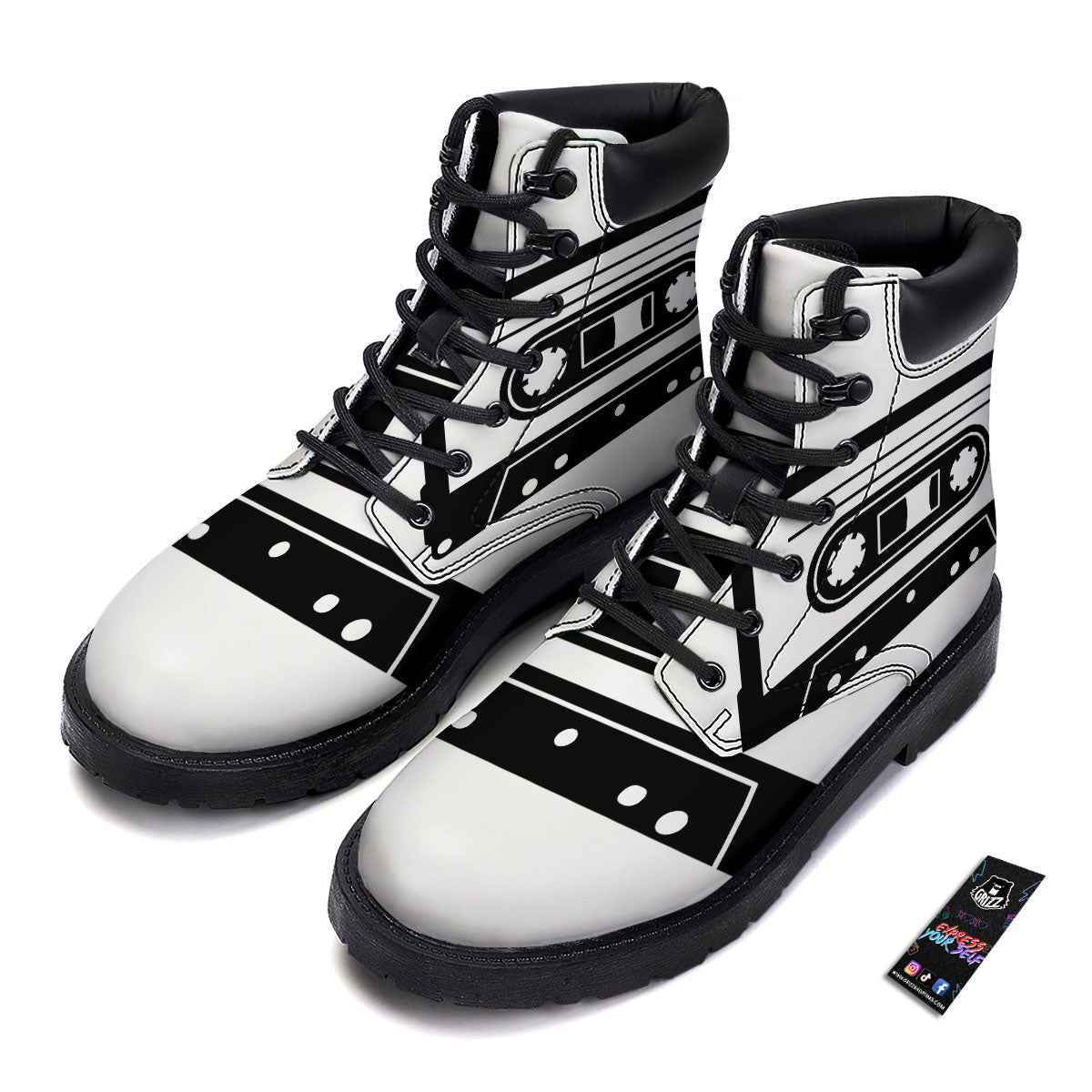Cassette Tape White And Black Print Boots-grizzshop