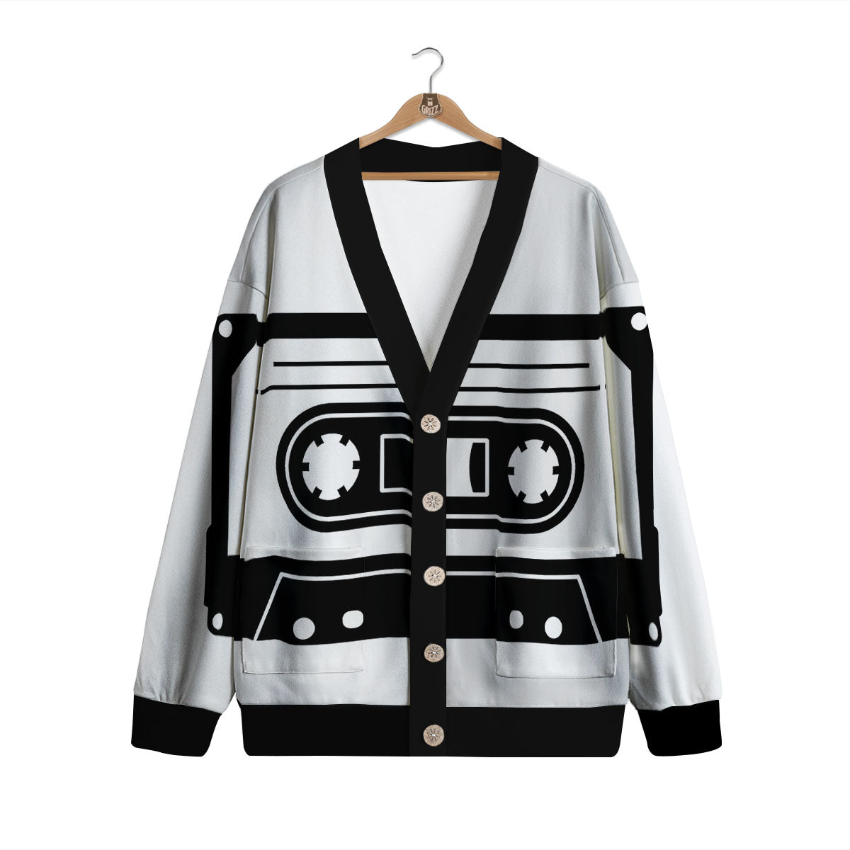 Cassette Tape White And Black Print Cardigan-grizzshop
