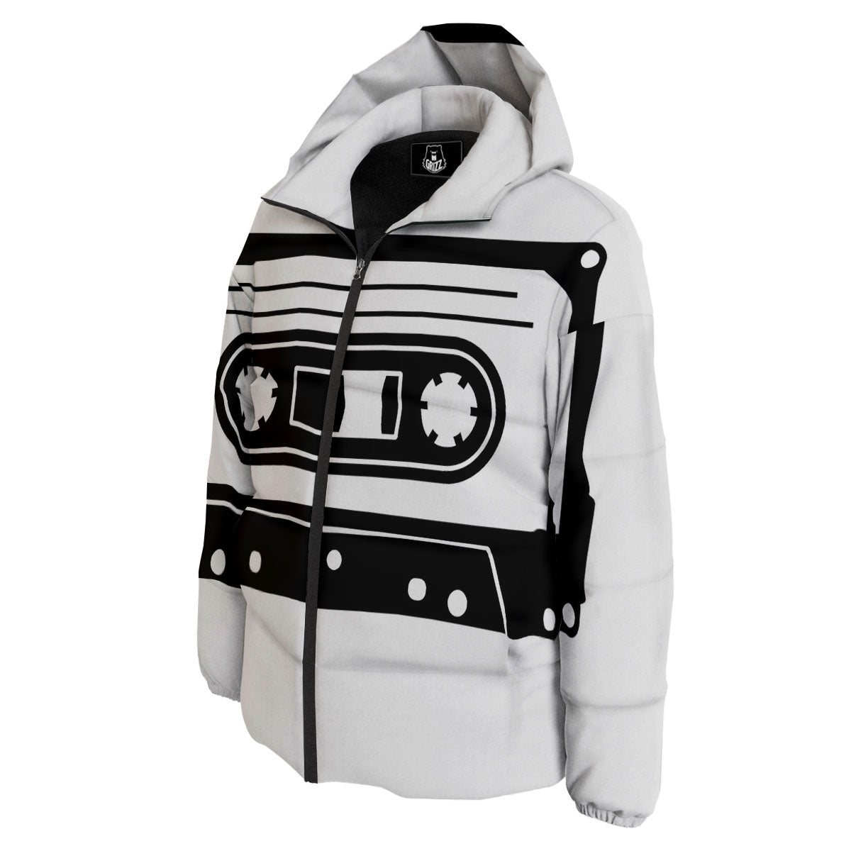Cassette Tape White And Black Print Down Jacket-grizzshop